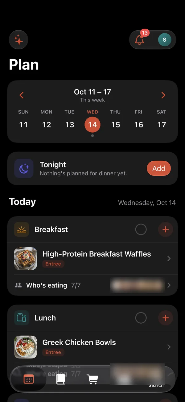 BigTable’s Plan screen with the week, tonight’s dinner and today’s breakfast and lunch