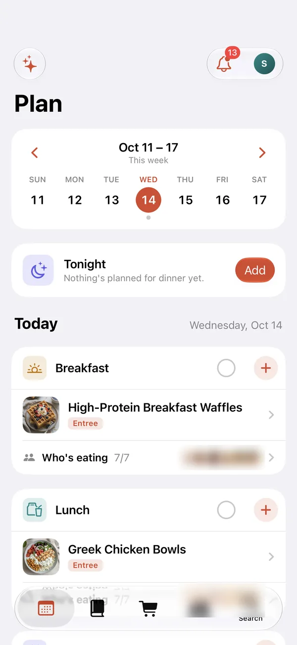 BigTable’s Plan screen with the week, tonight’s dinner and today’s breakfast and lunch