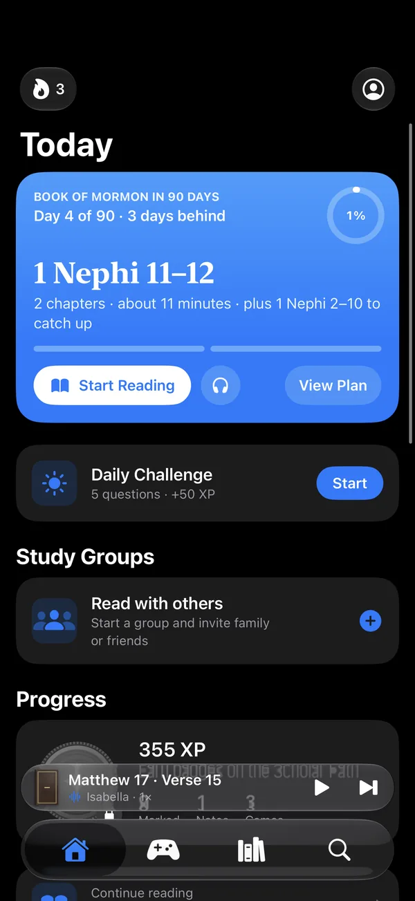Hearken’s Today screen with a 90-day reading plan, the Daily Challenge and study groups