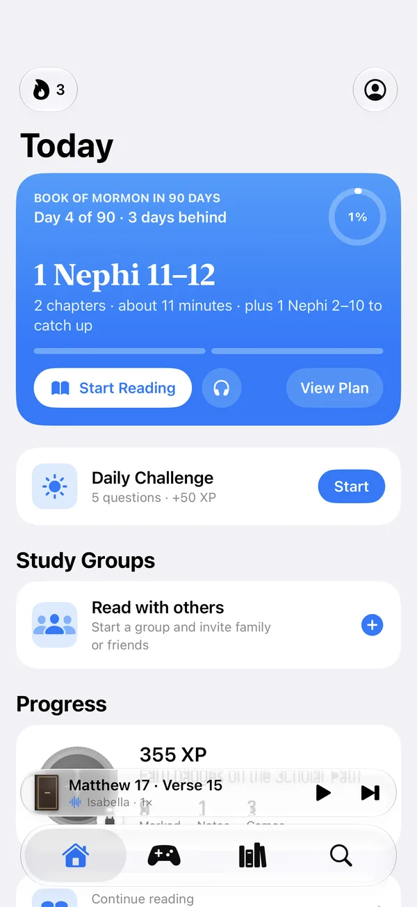 Hearken’s Today screen with a 90-day reading plan, the Daily Challenge and study groups