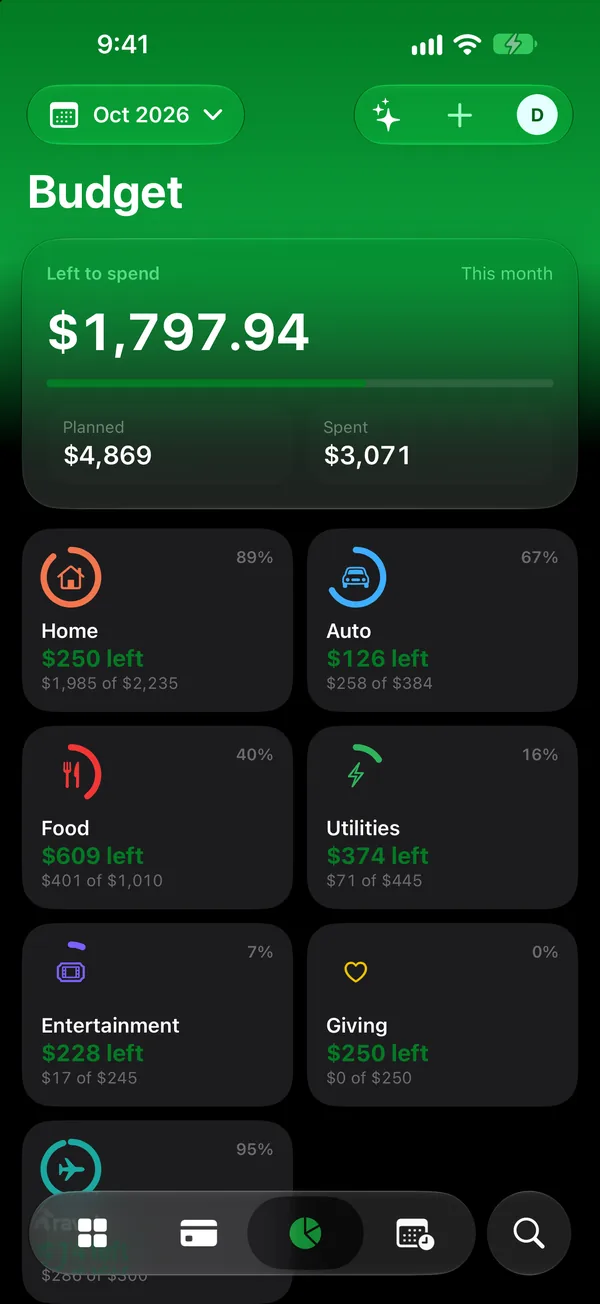Suffice’s Budget tab with what’s left this month and a ring for each budget