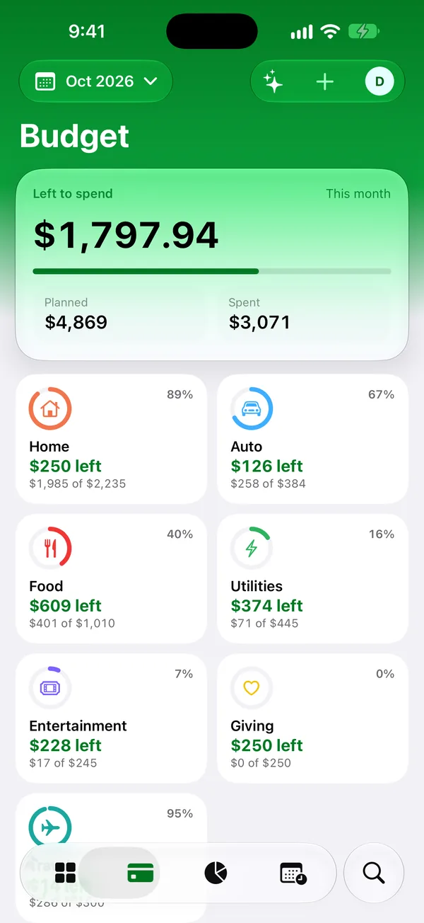Suffice’s Budget tab with what’s left this month and a ring for each budget